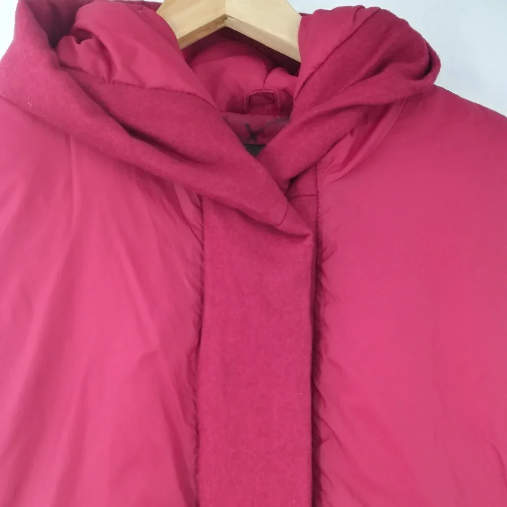 Eileen Fisher Red Down Puffer Vest Size M Pockets Hood Zipper Snap Classic